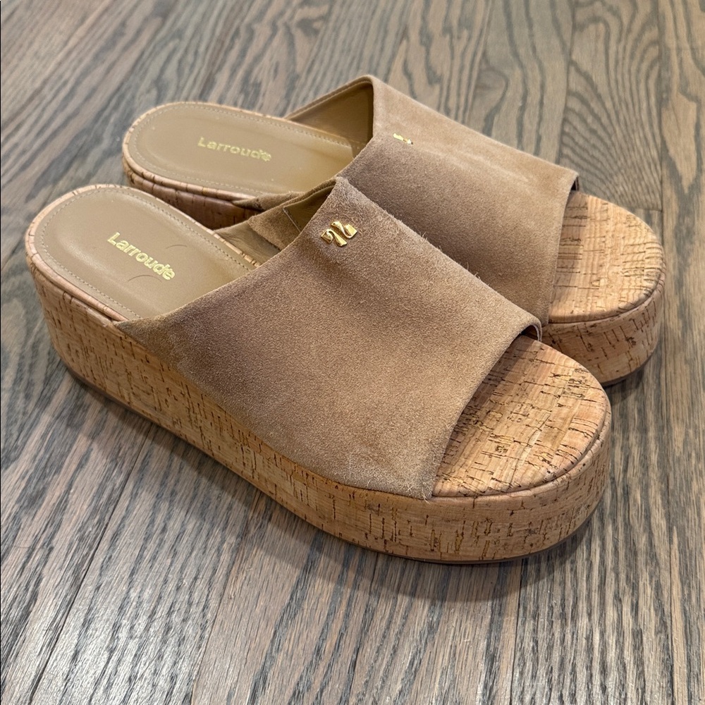 LARROUDE Suede Tan Wedge Sandals size 9 - Picture 3 of 6
